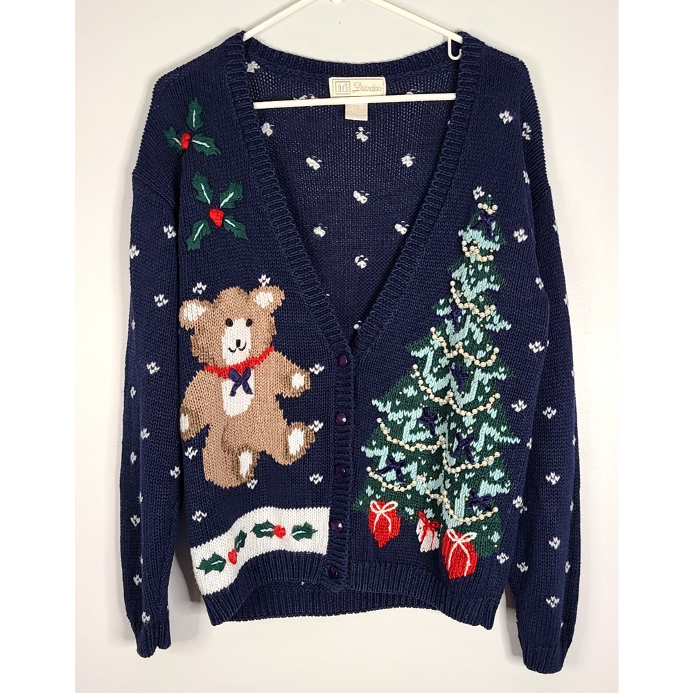 Vintage Ugly Christmas Sweater Cardigan 8 Large Teddy Bear Tree Holly Presents